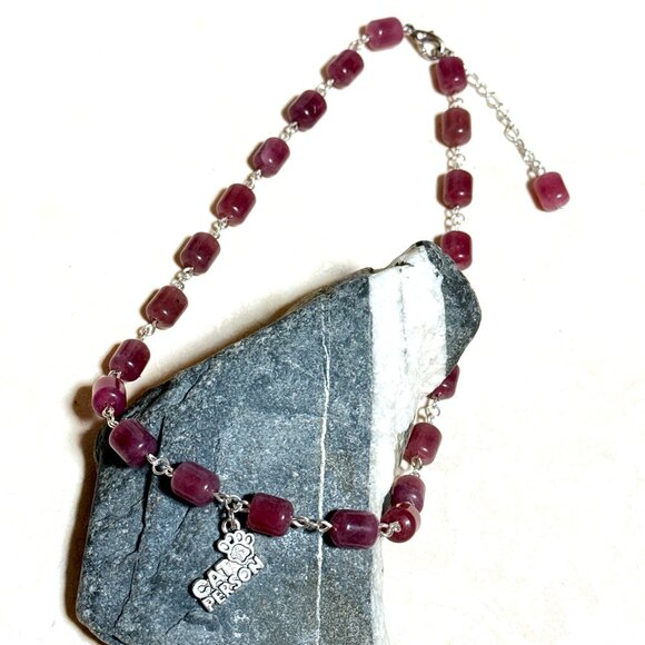 Genuine Magenta Chalcedony Short Necklace, Gemstone & Cat Person Paw Print Charm - Picture 4 of 14